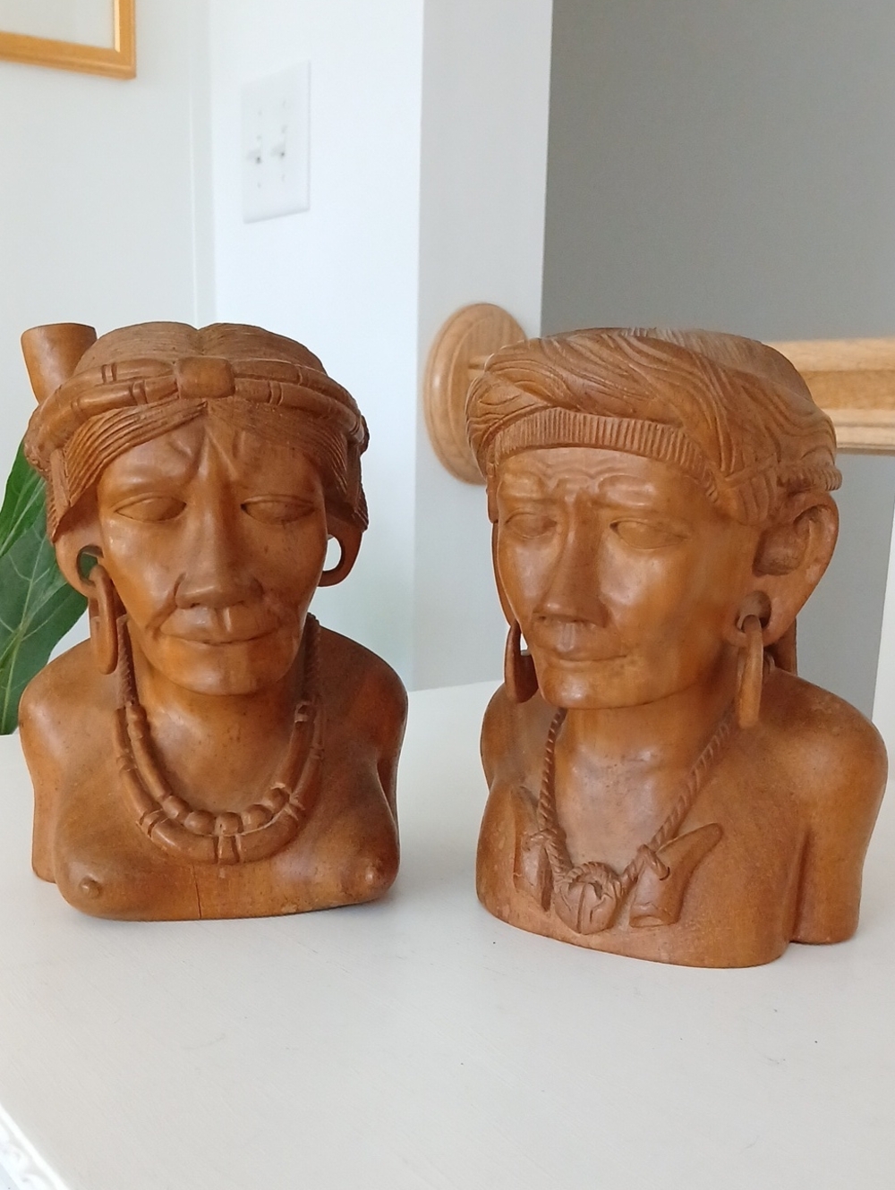 Handcarved Adaan Wood Igorot Tribal Sculptural Busts Man Woman 1950s Philippines